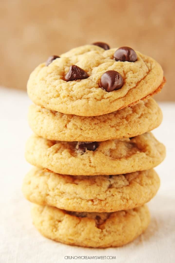 A stack of pudding chocolate chip cookies.