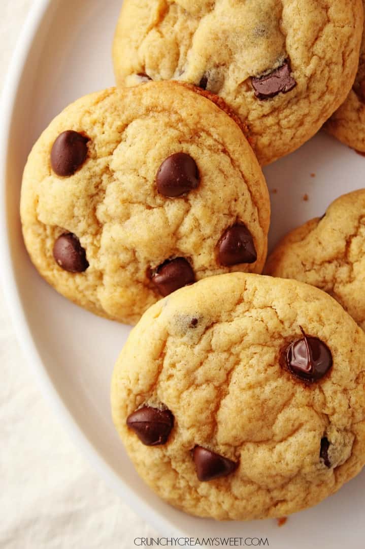 Overhead shot of pudding chocolate chip cookies on plate.