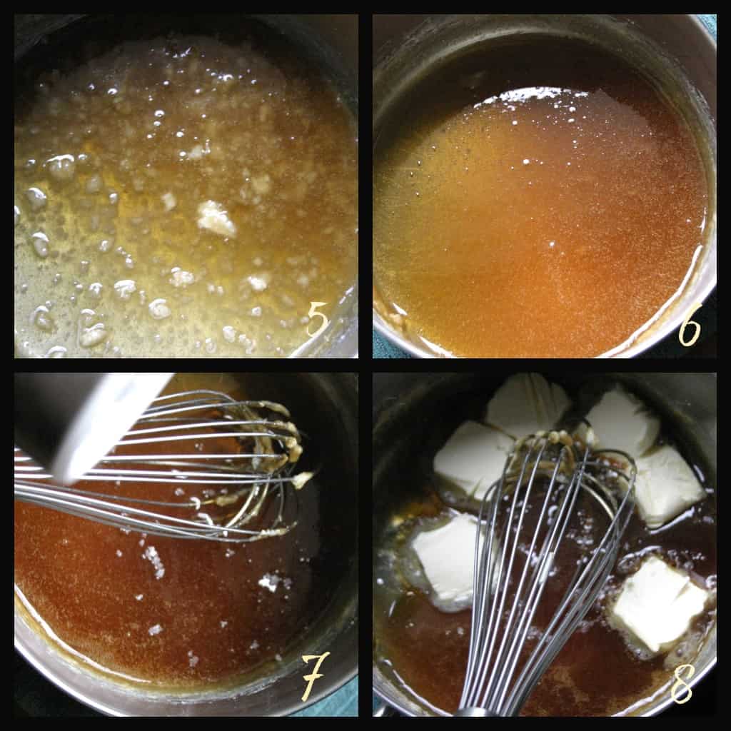 Four step photos for making salted butter caramel sauce.