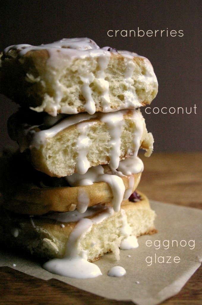 Cranberry Coconut Sweet Rolls with Spiked Eggnog Cream Cheese Glaze