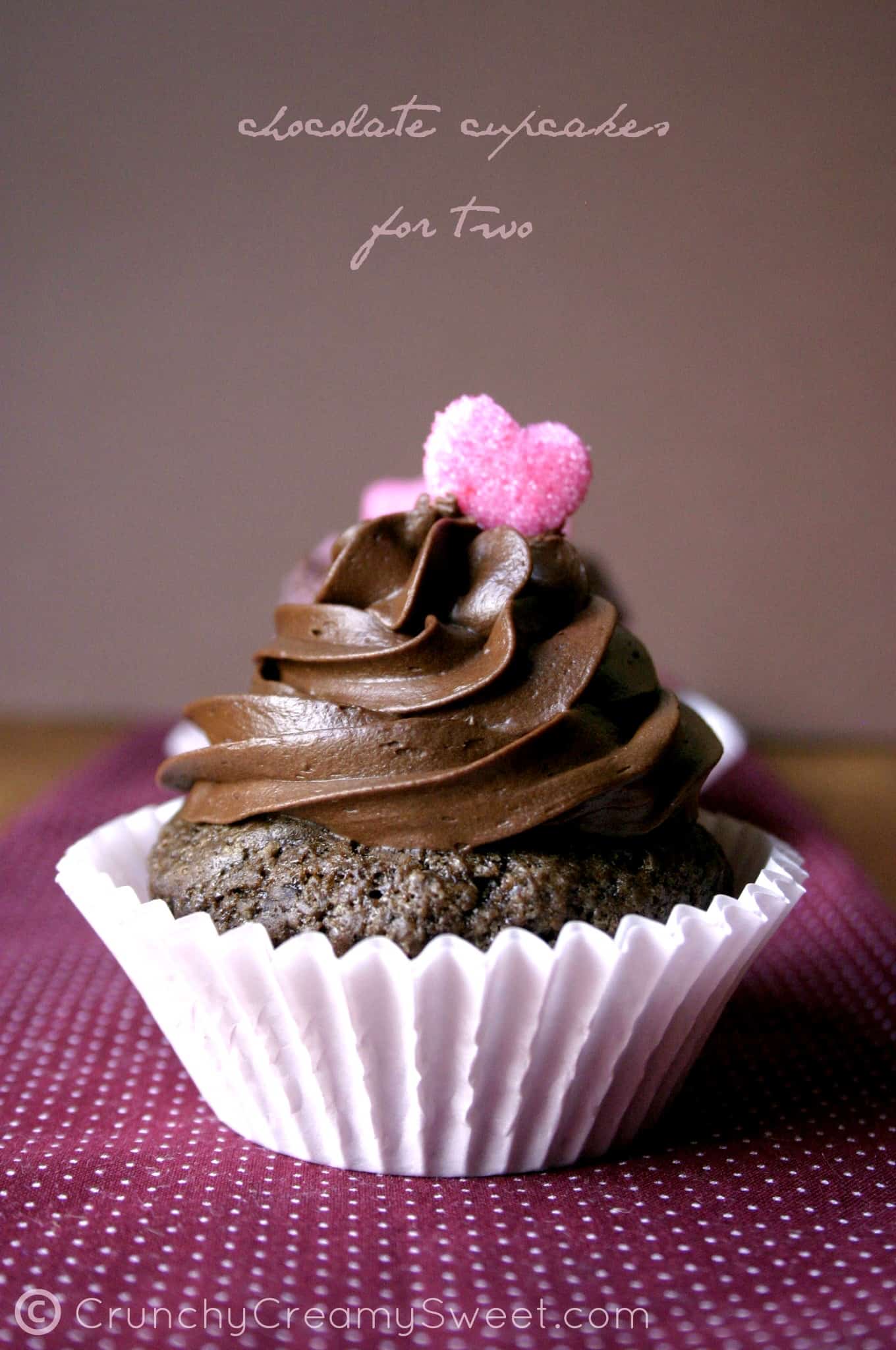 Side shot of a chocolate cupcake with chocolate frosting swirl and pink sugar heart.