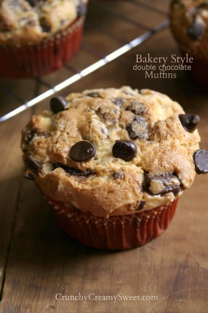 Side shot of a muffin with chocolate chips.