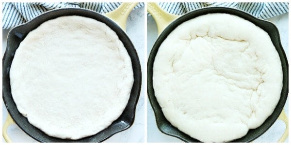 Step 1 and 2 of making cast iron skillet Focaccia bread.