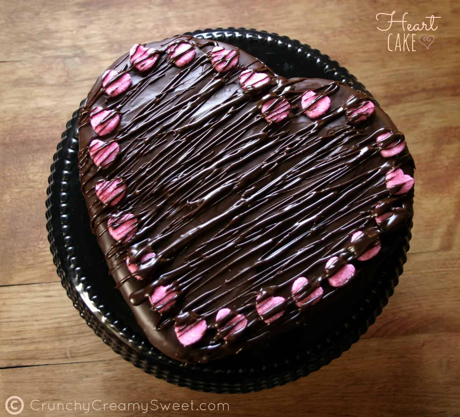 Chocolate ganache heart cake with pink hearts on top.