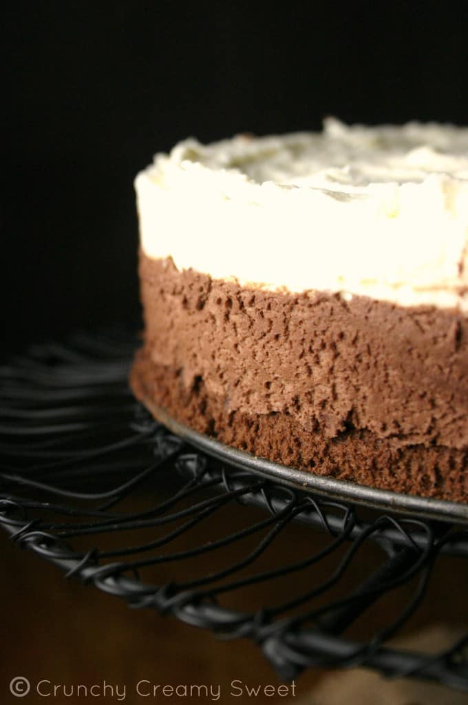 Side shot of mousse cake on cake stand.