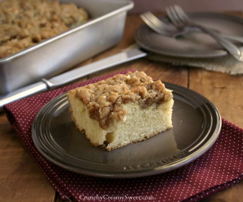 Side shot of piece of New York style coffee cake on plate with pan with cake in the background.