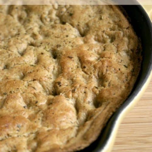 Whole Wheat Focaccia in a skillet.