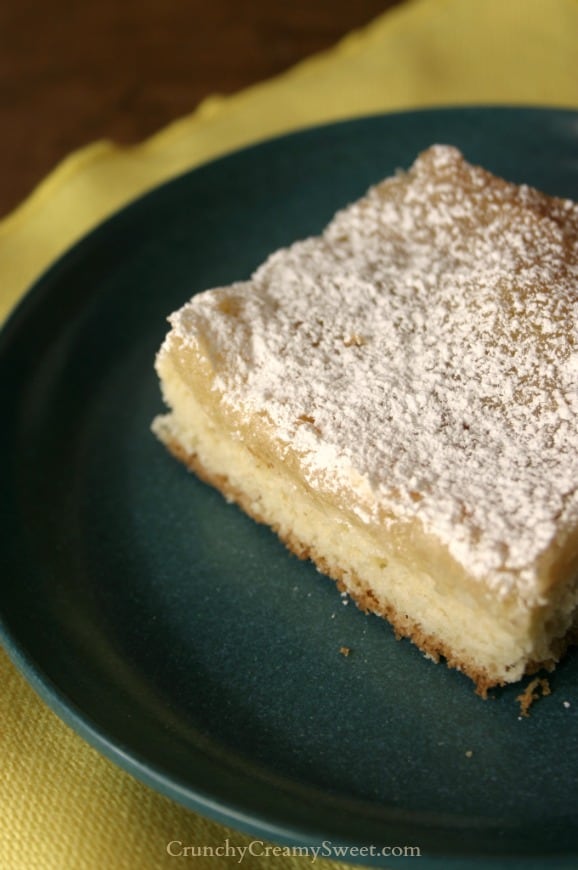 Close up shot of one square of the gooey butter cake.