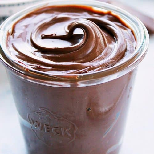 Homemade Nutella in a glass jar.