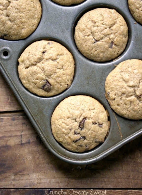 Overhead shot of banana muffins in muffin pan.