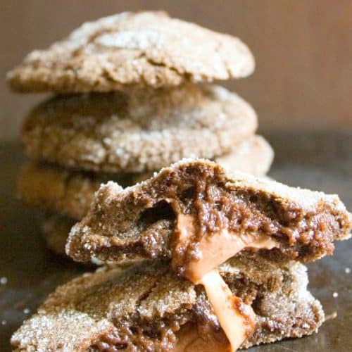 Caramel Filled Chocolate Sugar Cookies stacked up.