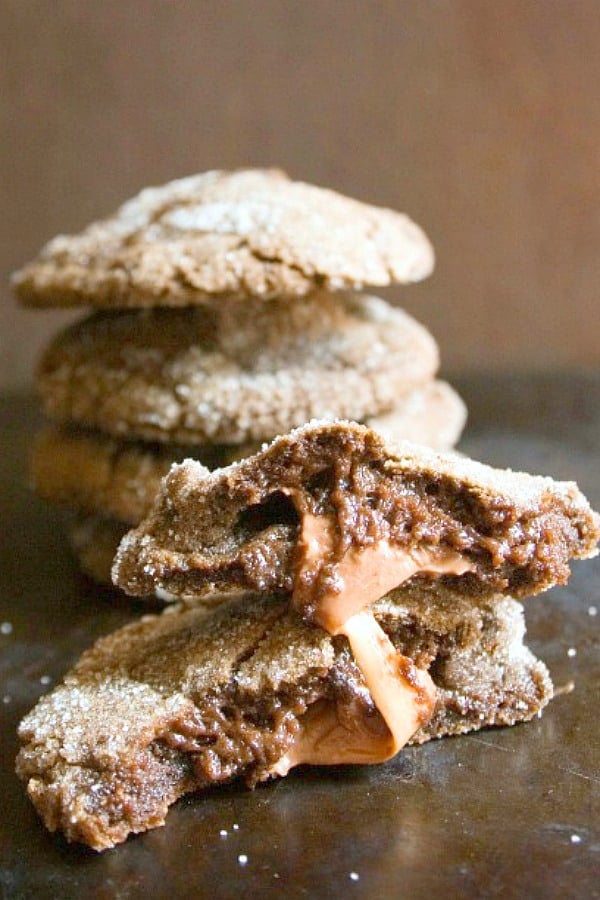 Caramel Filled Chocolate Sugar Cookies stacked up.