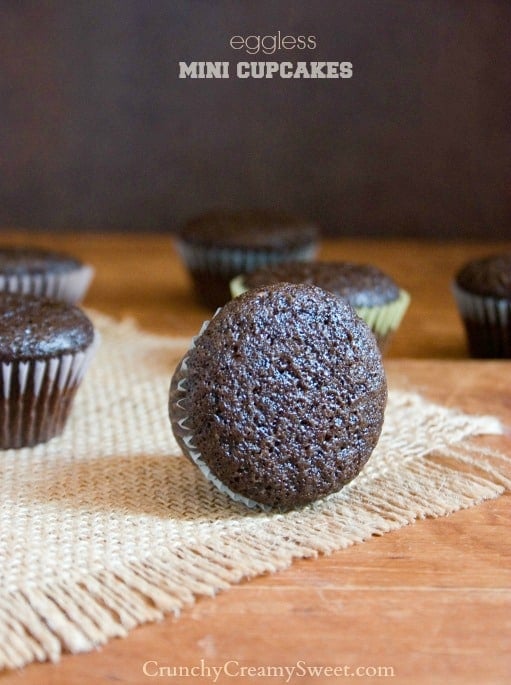 You won't believe how easy and rich these Eggless Chocolate Mini Cupcakes are! Perfect for those days when you are out of eggs. Side shot of eggless chocolate mini cupcake turned on its side.