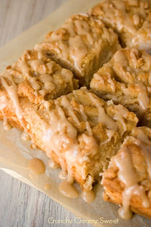 Close up shot of Caramel Apple Bars with Crumb Topping.