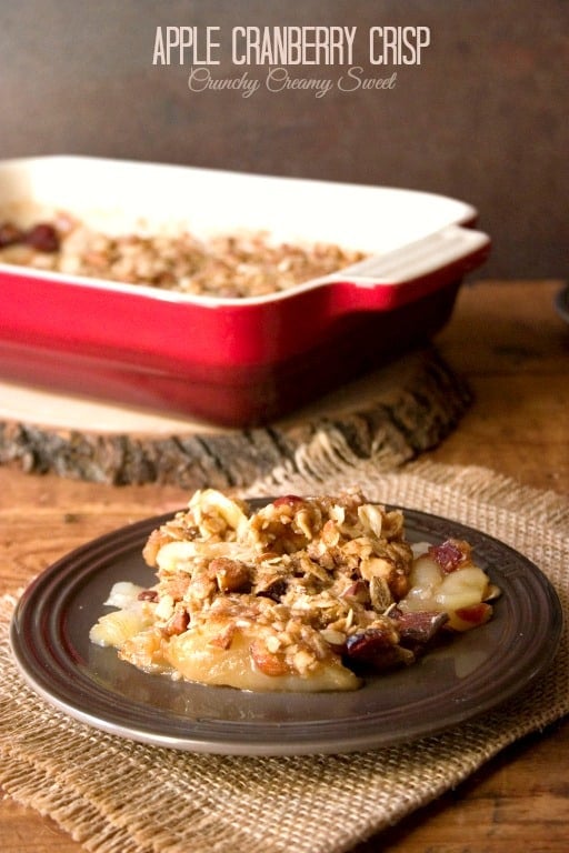 Side shot of apple cranberry crisp on plate.