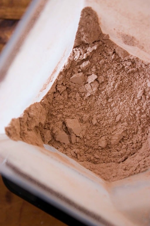 Overhead close up shot of homemade hot chocolate mix in the blender.