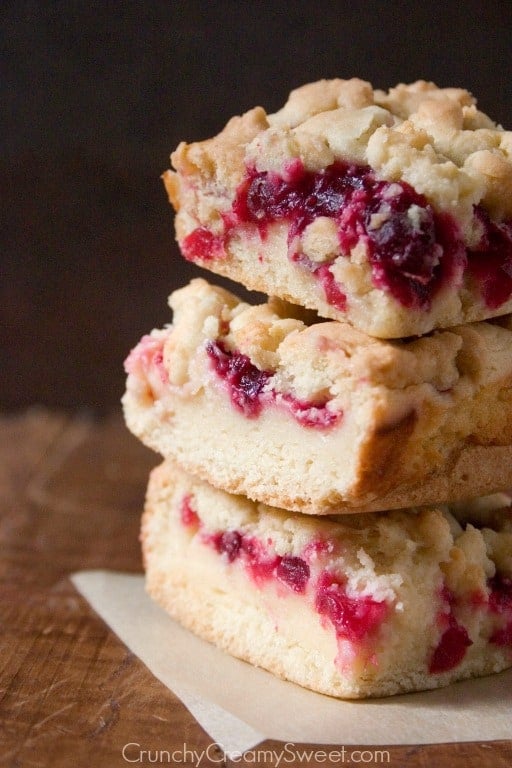 Crumb Bars with white chocolate and cranberry jam