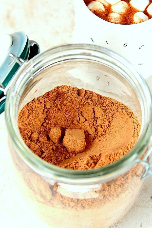 Homemade Hot Chocolate Mix recipe - a handful of ingredients mixed in a blender make this homemade hot chocolate mix irresistible! Our whole family loves it! Homemade Hot Chocolate Mix in a jar.