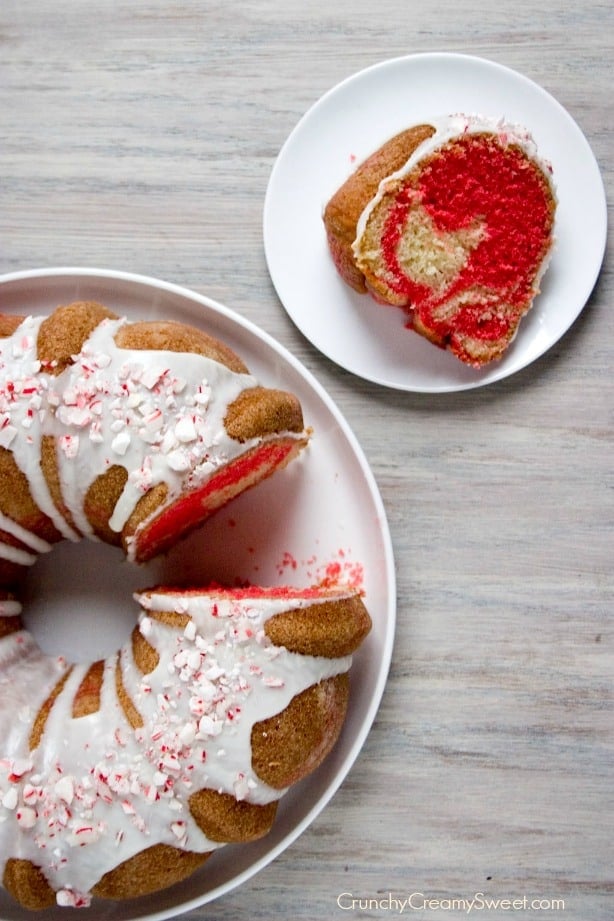 Peppermint Candy Cane Bundt Cake - sweet and light peppermint cake with red swirl is festive and perfect for the holidays! 