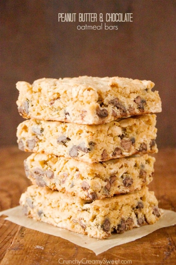 Peanut Butter Chocolate Oatmeal Bars stacked up on each other.
