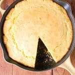 Cornbread in a skillet overhead view.