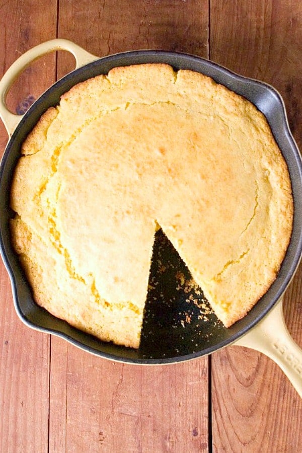 Cornbread in a skillet overhead view.