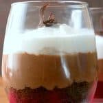 Chocolate Mousse trifle in a serving glass.