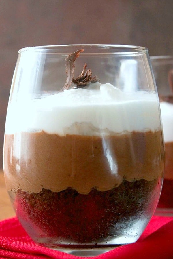 Chocolate Mousse trifle in a serving glass.