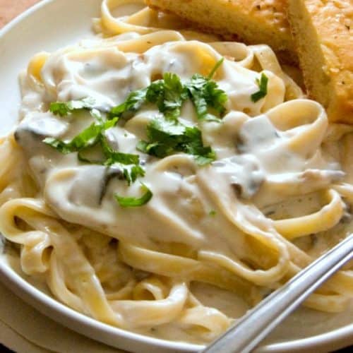 Creamy Garlic Mushroom Pasta on a plate.