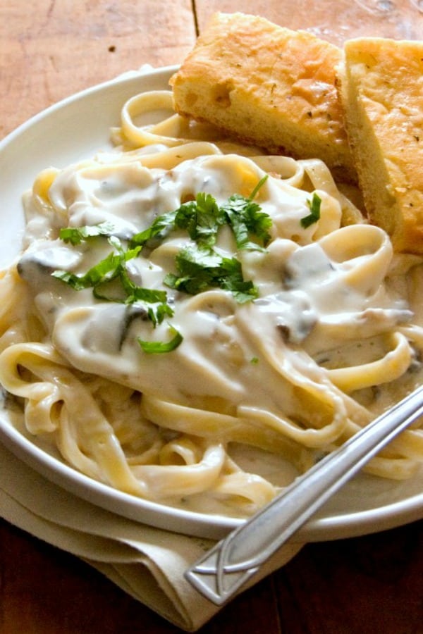 Creamy Garlic Mushroom Pasta on a plate.