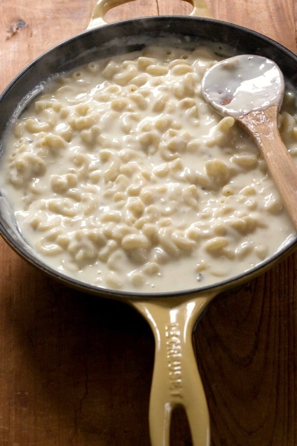 Side shot of macaroni in white cheesy sauce in cast iron skillet.