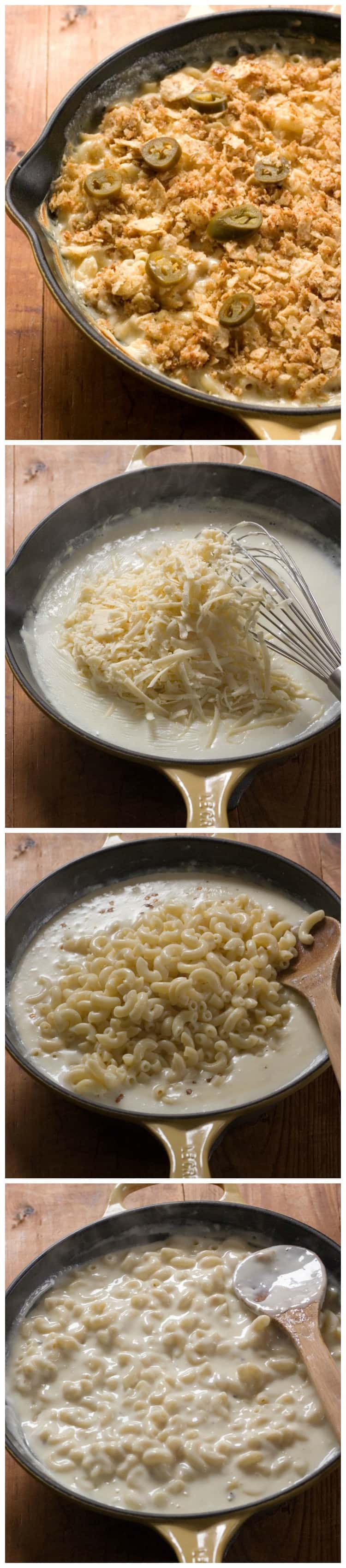 Photo collage of steps how to make Pepper Jack mac and cheese.
