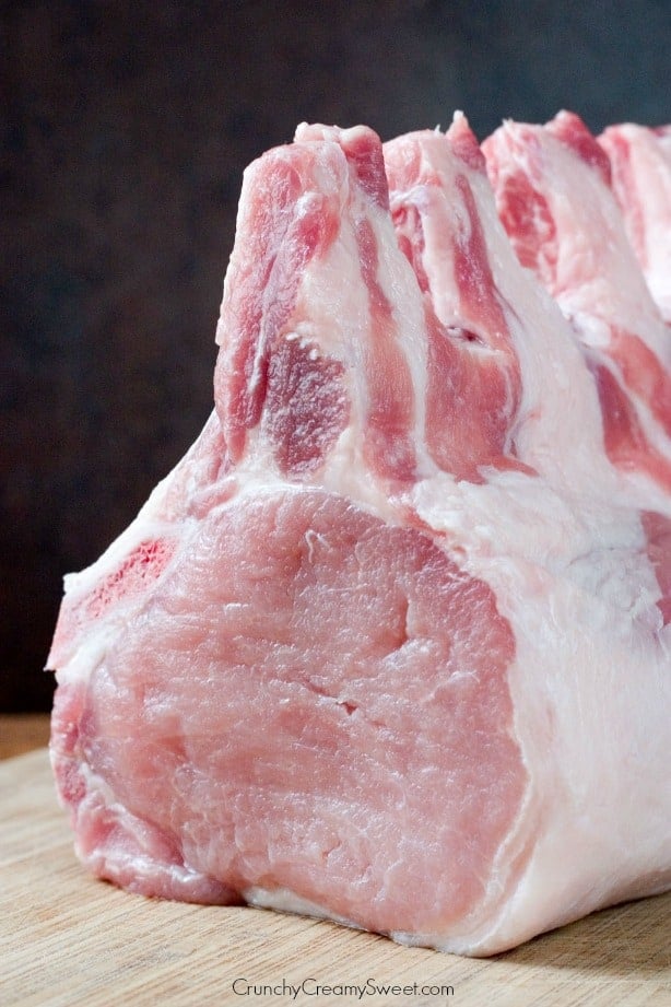 Close up side shot of bone-in pork loin.
