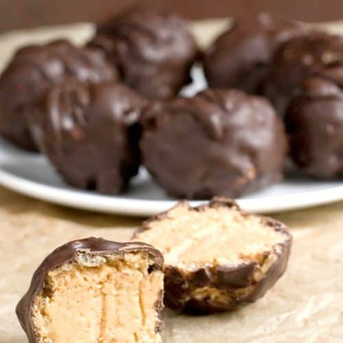 Chocolate Peanut Butter Crunch Balls on a plate.
