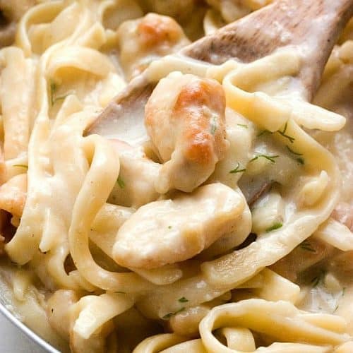 Dill chicken Pasta in a skillet.