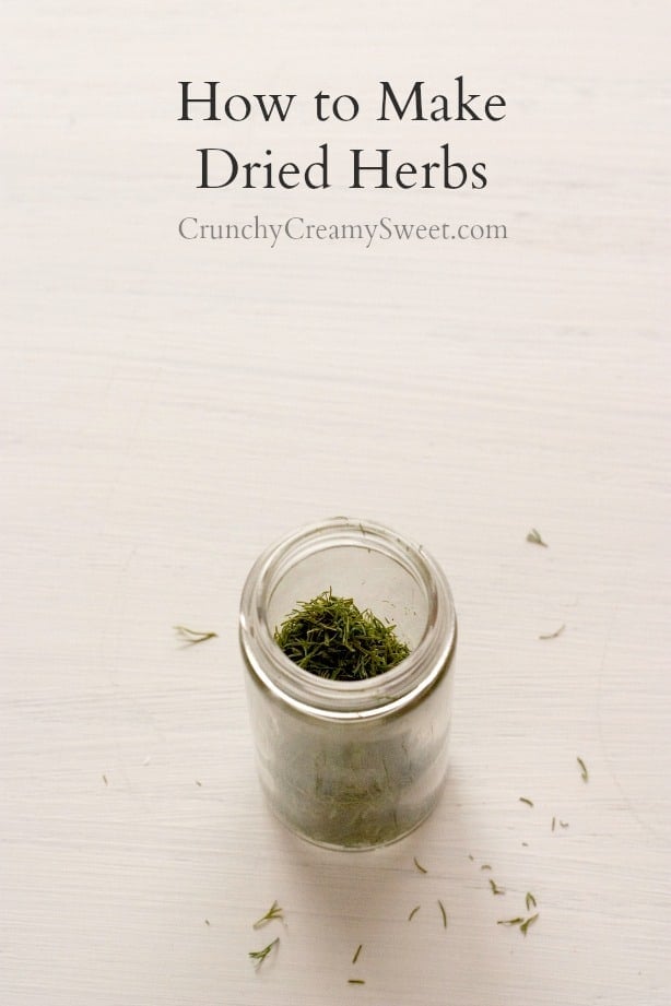 Overhead shot of a skinny jar with dried herbs.