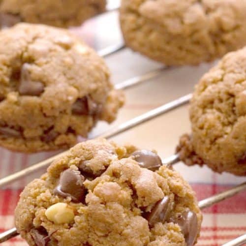 Peanut Butter Chocolate Granola Cookies on cooling rack.