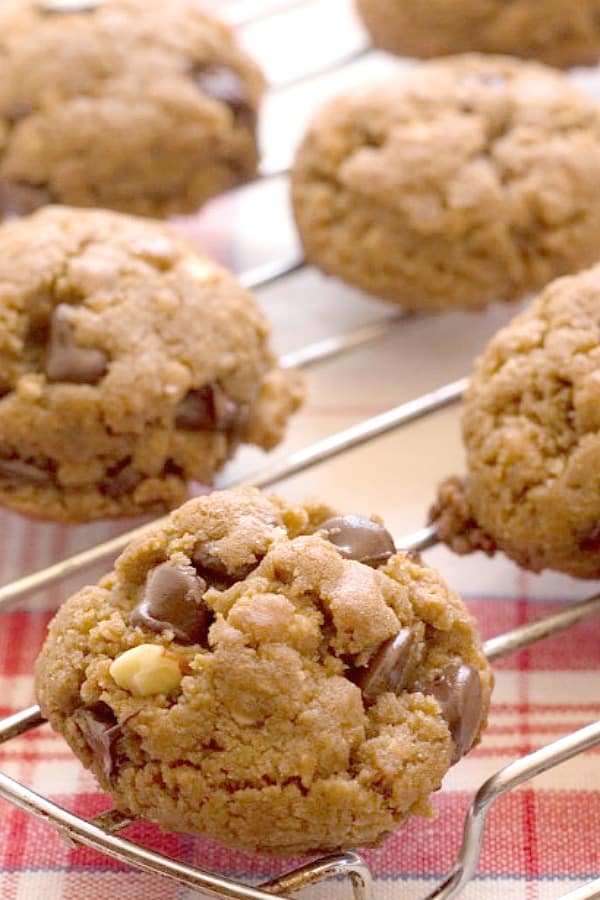 Peanut Butter Chocolate Granola Cookies on cooling rack.