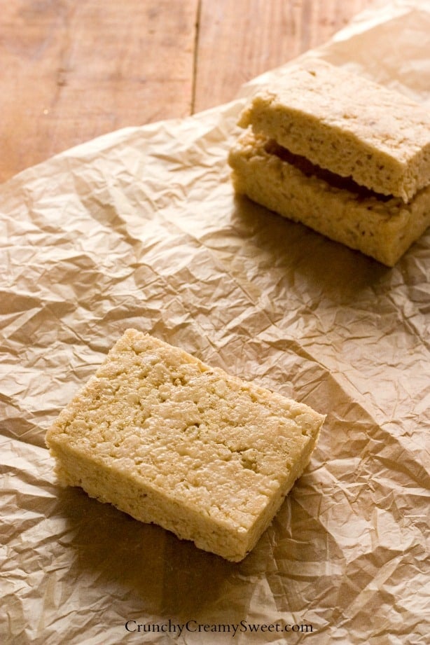 Overhead shot of a rectangular piece of rice krispies.