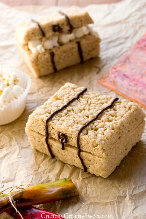 Side shot of two rice krispies treats pirate chests.