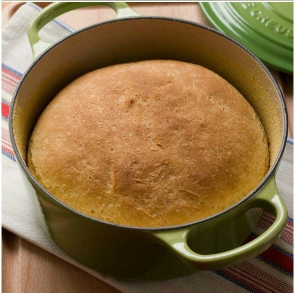 Baked English Muffin Bread in the cast iron pot.