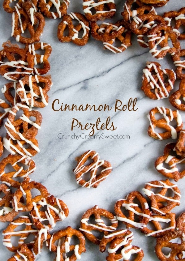 Cinnamon Roll Pretzels - cinnamon sugar coated pretzels baked and drizzled with white chocolate. Comes together in under 20 minutes! Cinnamon Roll Pretzels - cinnamon sugar coated pretzels baked and drizzled with white chocolate. Comes together in under 20 minutes!