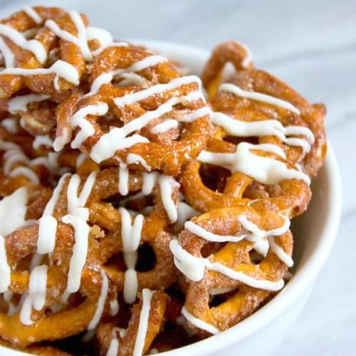 Cinnamon Roll Pretzels in a bowl.