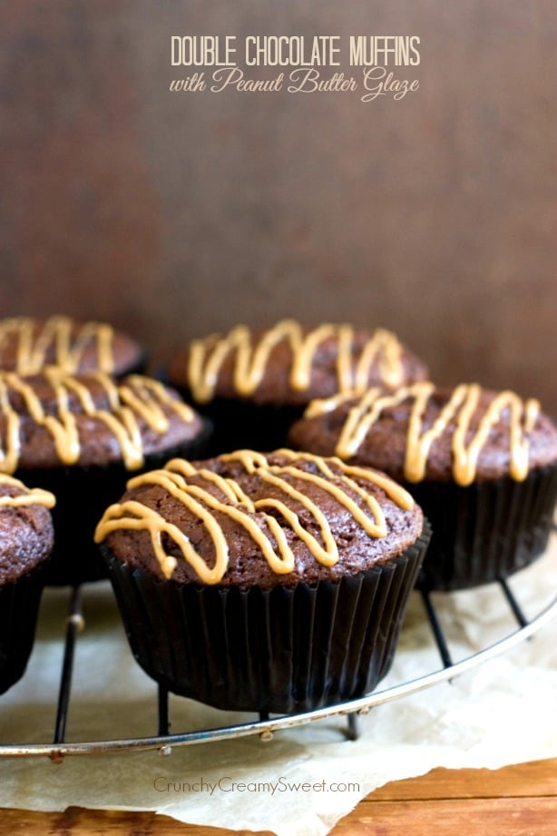 Double Chocolate Muffins with Peanut Butter Glaze Recipe from crunchycreamysweet.com  Double Chocolate Muffins with Peanut Butter Glaze Recipe