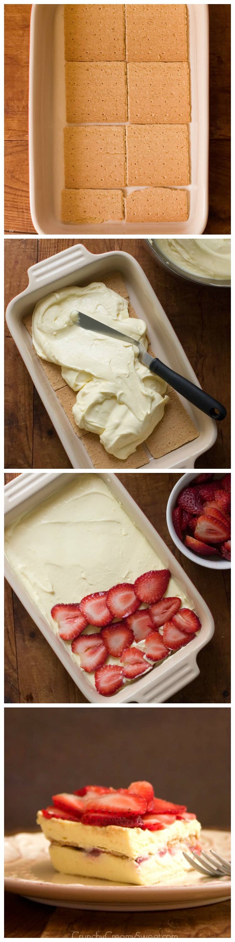 Strawberry Ice Box Cake Step by Step from crunchycreamysweet.com