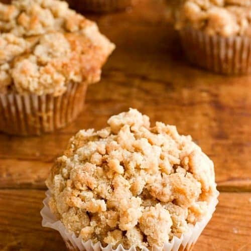Coffee Cake Muffins on a wooden board.