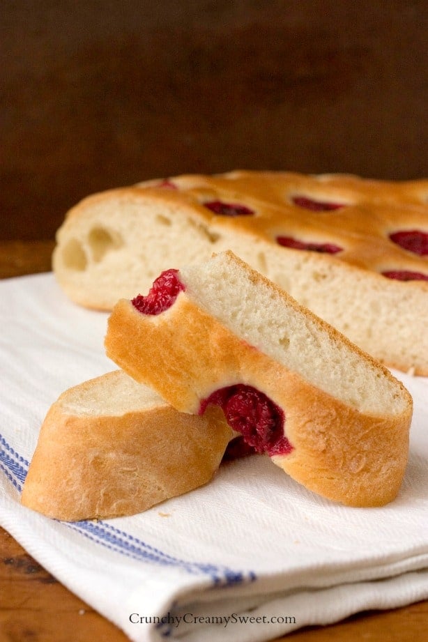 Fluffy Raspberry Focaccia by crunchycreamysweet.com