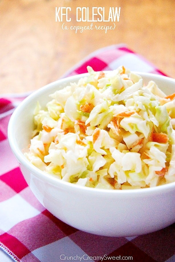 KFC Coleslaw Copycat - make your restaurant favorite right in your kitchen! Perfect for the summer BBQ's and potlucks! This recipe is spot on! KFC Coleslaw in a white serving bowl.