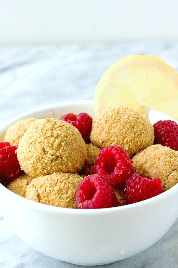 Lemon Raspberry Cheesecake Bites in a bowl.