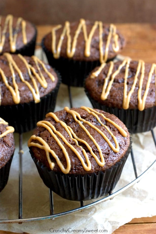 Double Chocolate Muffins with Peanut Butter Glaze by crunchycreamysweet.com